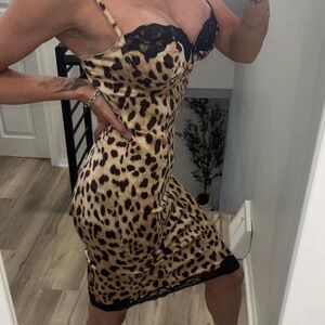 Venus Leopard Print satin Dress with Black Lace Trim